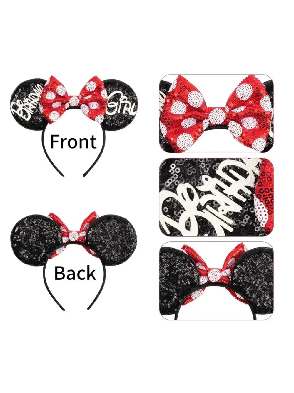 Women Red&black Polyester Sparkle Sequin Mickey Mouse Hair Bow Handmade Headband